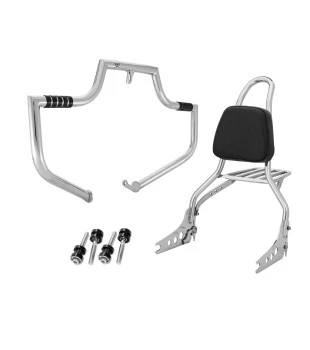 Kit Viagem King para Harley-Davidson Dyna - Sissy Bar 20" com Bagageiro + Protetor de Motor - Inox Polido